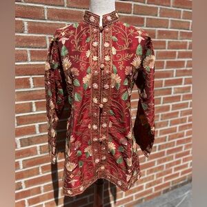 Asian Inspired Red Coat with Multi-Colour Kashmiri Floral Embroidery Mid Length